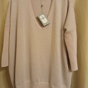 Neiman Marcus Cashmere Collection Lurex Mini Stripe V-Neck Dolman Sweater